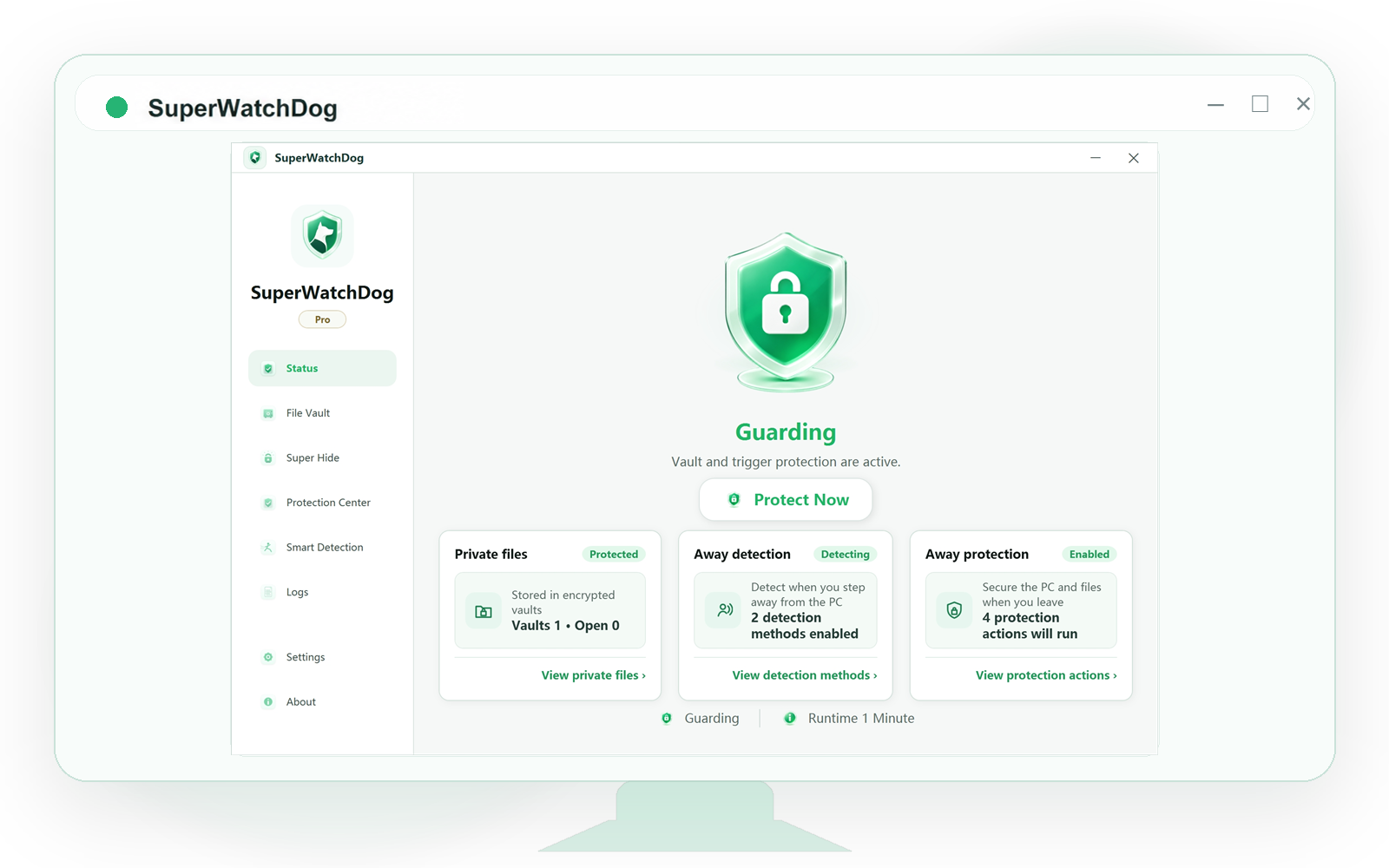 SuperWatchDog Windows interface showing private files, away detection, and away-protection status.